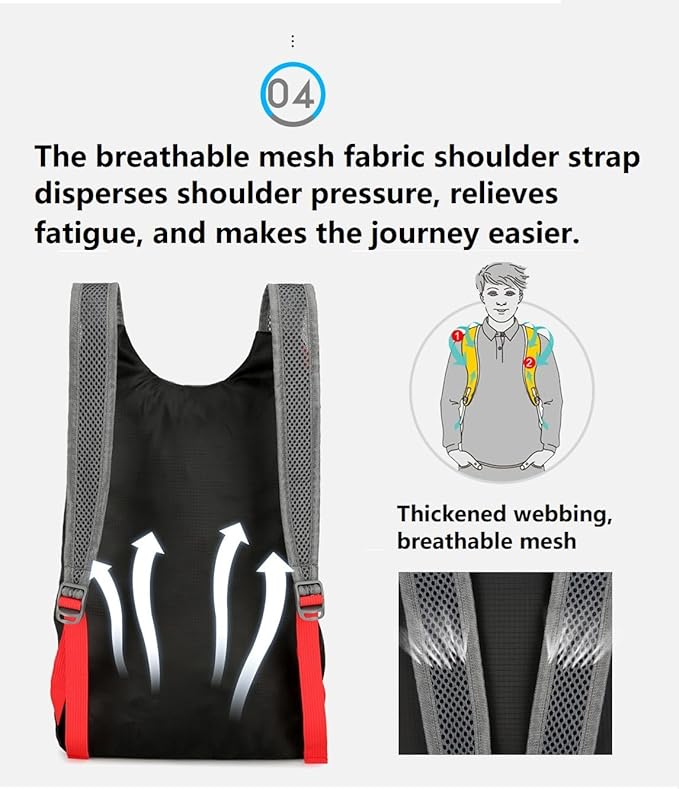 16L Hiking Daypack Lightweight Foldable Travel Backpack Water Repellent Camping Outdoor Packable Easy Carry-on Bag (Black+Red)
