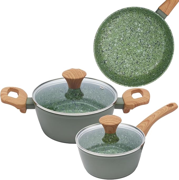 3-Piece Nonstick Pots and Pans Set with Lids, Includes 8.5 Inch Frying Pan 1.5Qt Saucepan and 2.2Qt Stock Pot, PFOA Free Dishwasher Safe Induction Compatible Family Cookware, Green