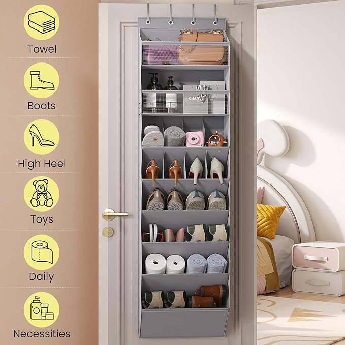 Over the Door Shoe Organizer for Closet, Shoes Rack with 8 Tier Large Deep Pockets, Hanging Shoe Organizers for Boot Storage, Behind the Door Narrow Shoe Holder for Small Shoes, Grey