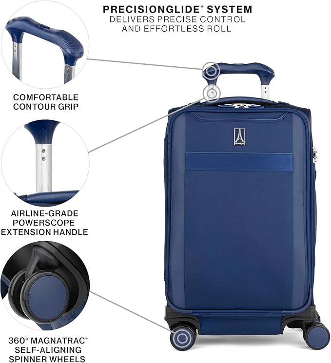 Travelpro VersaPack+ Lightweight Softside Expandable Carry on Luggage, 8 Spinner Suitcase, TSA Lock, Men and Women, Carry On 21-Inch, Estate Blue