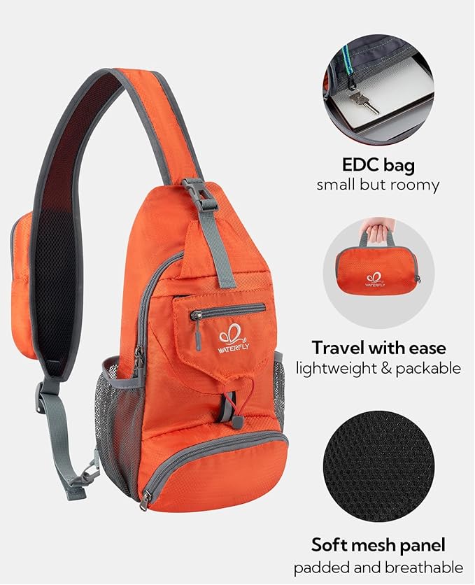 WATERFLY Packable Small Crossbody Sling Backpack Shoulder Chest Bag Daypack for Hiking Traveling