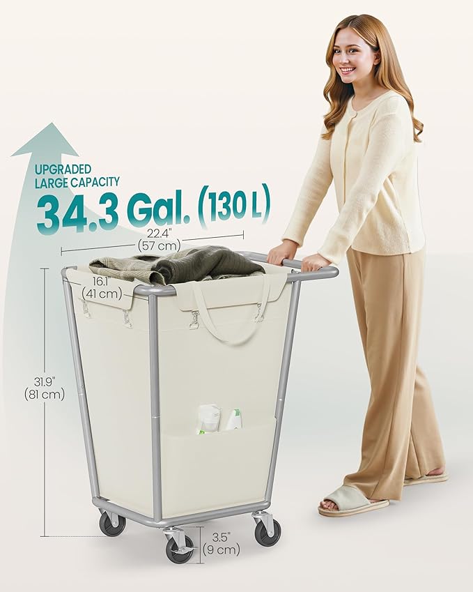 SONGMICS Laundry Basket with Wheels, 34.3 Gallons (130 L) Rolling Laundry Hamper with Removable Bag, Heavy-Duty Steel Frame, Cream White URLS008W01