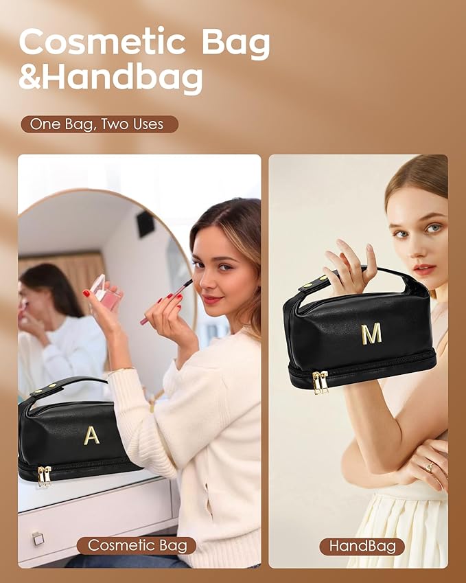 Initial Cosmetic Bags Personalized Bags with Handle, Waterproof Double Layer Makeup Bag, Large Capacity PU Leather Makeup Bags Letter Travel Toiletry Bag with Makeup Brush Organizer