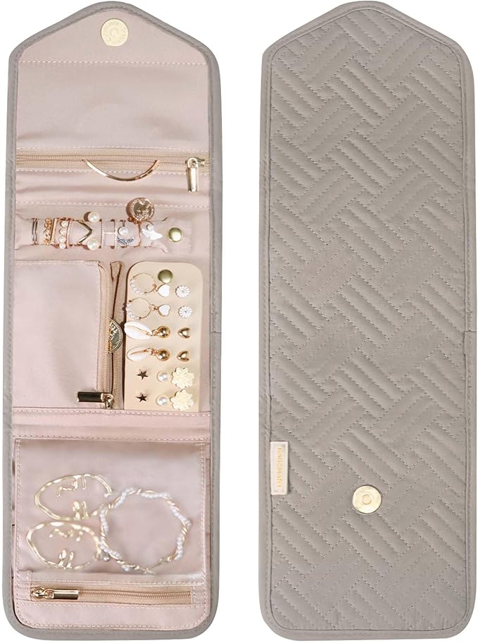 BAGSMART Travel Jewelry Organizer Case Foldable Jewelry Roll for Journey Rings, Necklaces, Earrings, Bracelets,Mini,Warm Gray