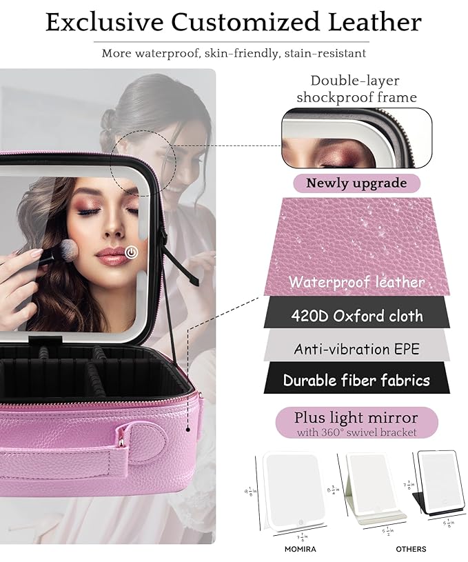 MOMIRA Travel Makeup Bag Cosmetic Bag with Lighted Mirror, Adjustable Brightness in 3 Color Scenarios/Detachable makeup mirror, All-round Upgrade, Waterproof, Gift for Women -Purple