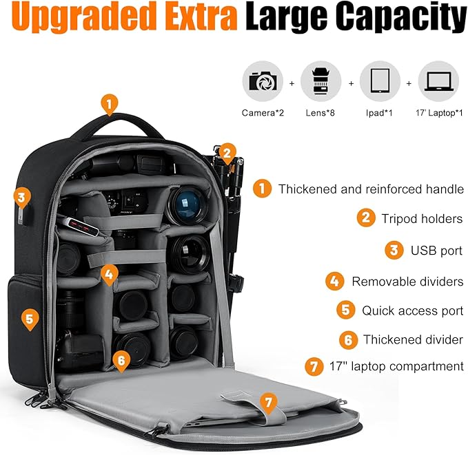CADeN Camera Backpack, Extra Large DSLR Camera Bag with 17" Laptop Compartment, Waterproof Rain Cover, Professional Travel Hiking Camera Backpack Bag