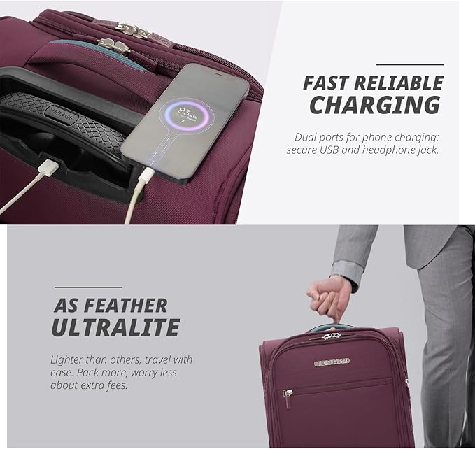 Verage Under Seat Luggage with Wheels, Softside Small Suitcase Spinner Carry On Luggage Bags for Airlines Airplanes Short Trip Men Women (Grape red, 14.5-Inch Plus Underseat)