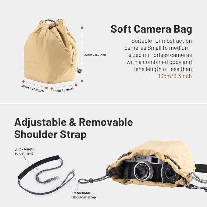 PGYTECH OneGo Small Camera Bag, Cute Drawstring Camera Pouch Handbag Compatible with Mirrorless Cameras/Nikon/Canon/Sony/Fujifilm, for Instax/Action Cameras, Yellow