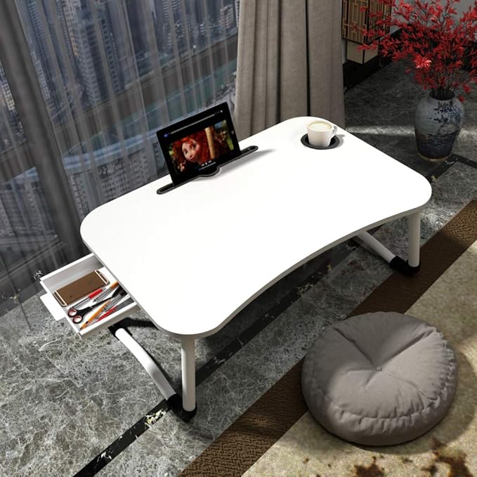 23.6'' Ergonomic Lap Desk with Storage Drawer & Cup Holder, Foldable Laptop Bed Table for Home Office, Gaming, Writing, Breakfast - Lightweight, Portable, Fits 18'' Laptops (White)