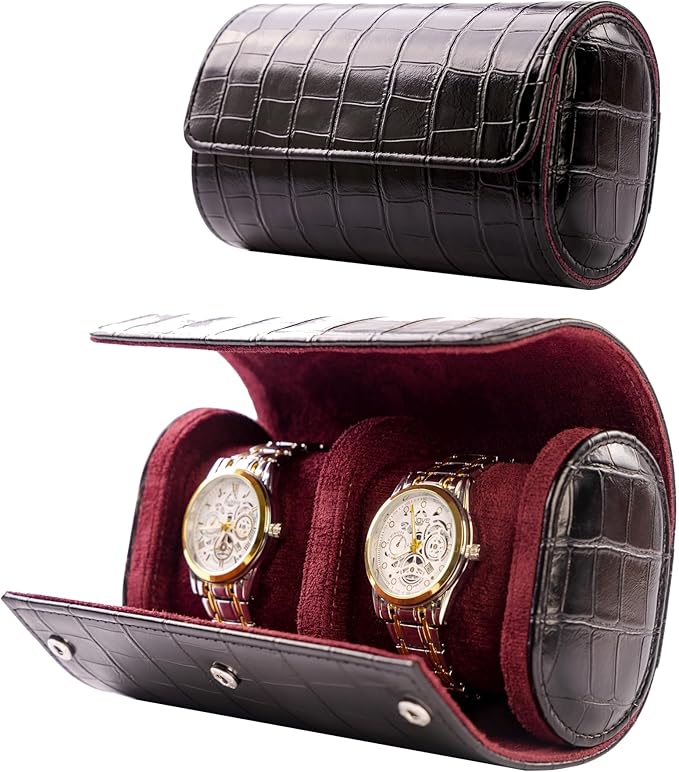 MR.OKAY 2 Watch Travel Case- Classic Leather Watch Case With Superb Texture.(Portable Watch Roll Or Organizer For Storage And Display).Festival Gift For Men, All Handcrafted By Artisans.