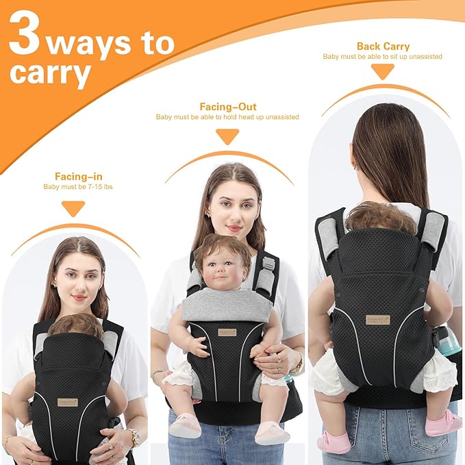 Baby Carrier Newborn to Toddlers - Ergonomic Adjustable Soft Breathable Comfort Infant Carrier for 7-35lbs, Enhanced Support, Easier to Wear