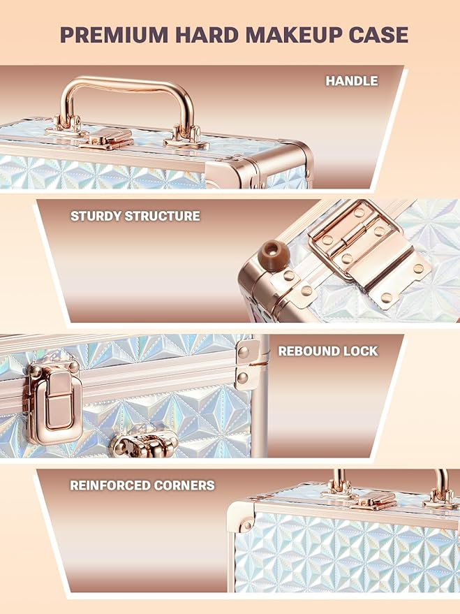 Qislee Makeup Box with A Detachable Lighted Mirror, Waterproof Travel Train Case, Cosmetic Organizer and Makeup Suitcase with Adjustable Dividers, Magnetic LED Mirror(Sparkling Blue)