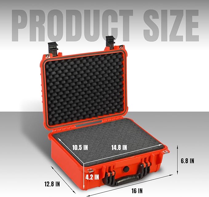 16x 12.8x 6.8 Inch Hard Case, Portable Weather Waterproof Protective Camera Case with Customizable Foam, Fit Use of Drones, Camera, Equipments, Orange