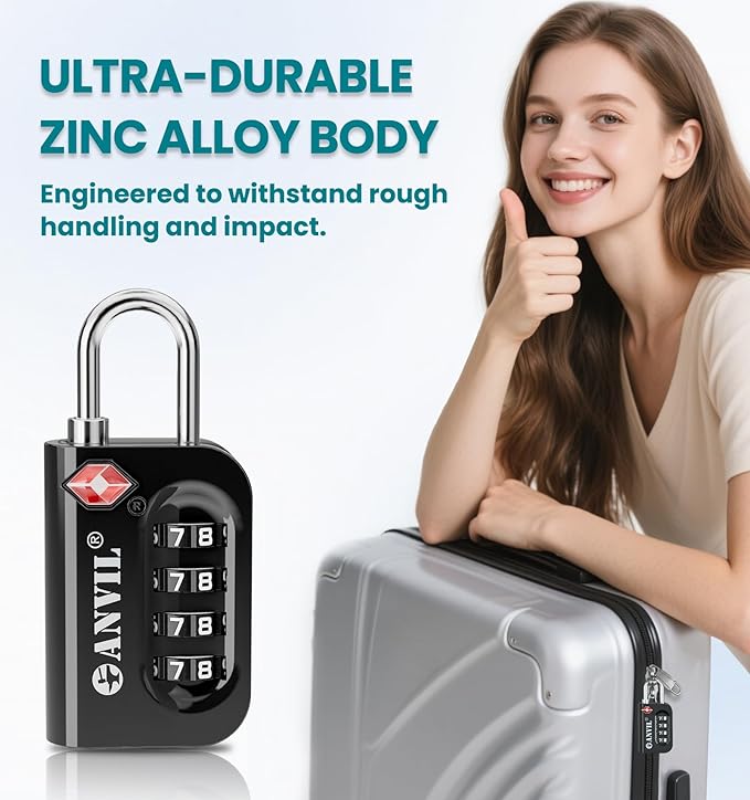 ANVIL TSA Approved Luggage Lock - 4 Digit Combination, 10,000 Combinations, Easy-Read Password Window, Travel Lock for Suitcases, Backpacks, Gym & Student Lockers, Baggage