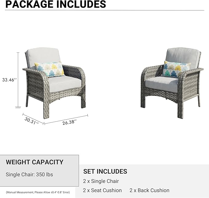 HOOOWOOO Patio Furniture Set,2 Pieces Outdoor Wicker Chairs Set,All Weather Bistro Chairs with Comfy High Back,Light Gray
