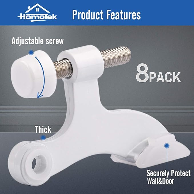 HOMOTEK 8 Pack Hinge Pin White Door Stopper,Adjustable Deluxe Heavy Duty Door Stopper 2-1/2"x1-3/4”,with White Rubber Bumper Tips