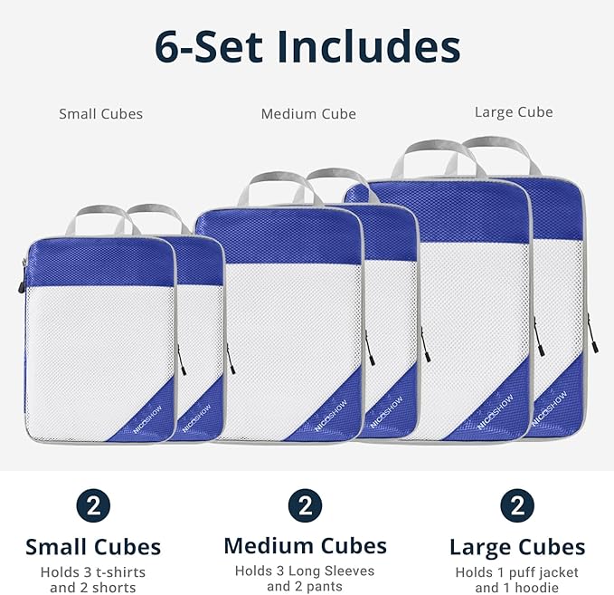 Compression Packing Cubes 6 Set, Compressible Space-Saving Packing Cubes for Travel - Compression Bags, Luggage Organizer, Travel Essentials for Women, Royal Blue