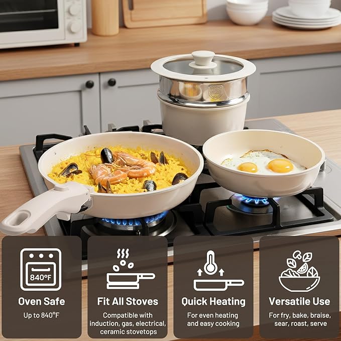 KIKCOIN Ceramic Nonstick Pots and Pans Set - Cookware Set with Detachable Handle - 25 Pack Stackable Cooking Set for RV Kitchen, with Frying Pans, Steamer - Induction/Dishwasher/Oven Safe, PFOA Free