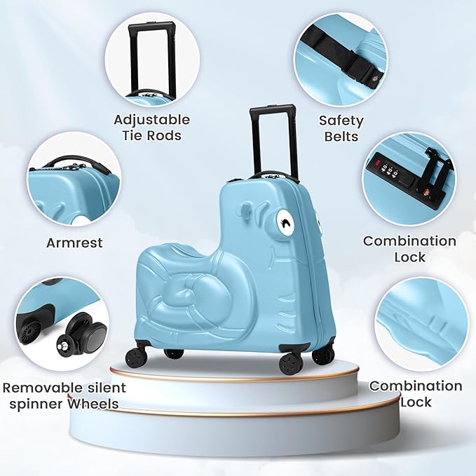 Kids Luggage, Kids Ride-on Luggage with Spinner Wheels Suitcase, Kid's Ride-On Suitcase Help Your Child Relax, Carry On Trolley Luggage with Password Lock (Blue, 19 inches), QX-20