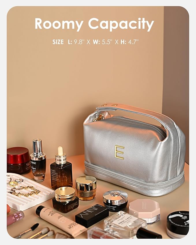 Appreciation Gifts for Woman, Personalized Makeup Bag with Handle, Initial Double Layer Cosmetic Bag with Makeup Brush Organizer, Cute Cosmetic Pouch for Women, Gift Ideas for Teen Girls