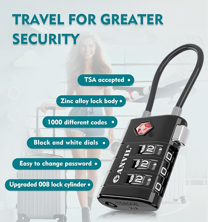 ANVIL TSA Approved Luggage Locks – High Security TSA008 Combination Travel Locks with Inspection Indicator for Suitcases and Backpacks. (3, Black)