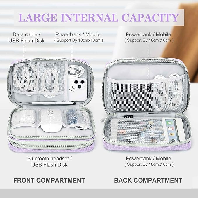 FYY Electronic Organizer, Large Travel Cable Organizer Bag Pouch Electronic Accessories Carry Case Portable Waterproof Double Layers All-in-One Storage Bag for Cable, Cord, Charger, Light Purple