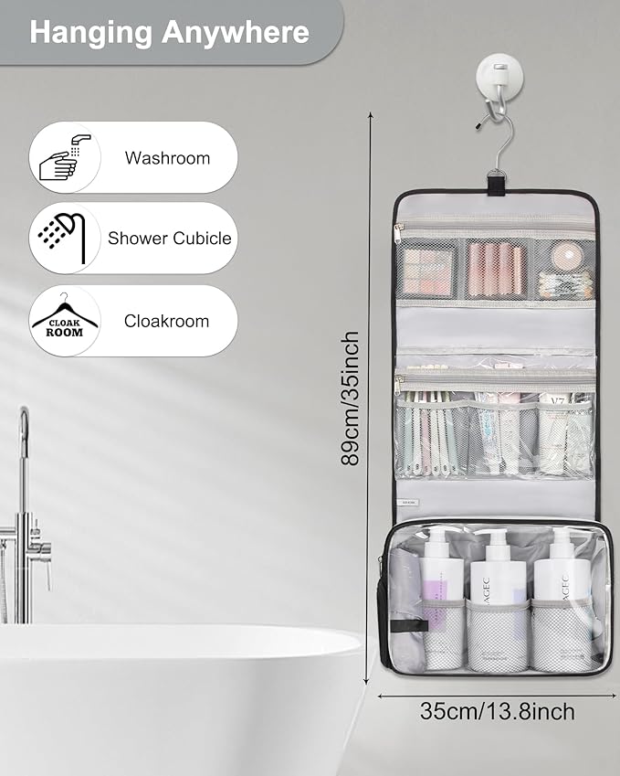 Relavel Hanging Toiletry Bag with Shoes Pocket, 360° Hook Travel Cosmetic Organizer, Waterproof, Multi-function for Makeup and Toiletries, Portable Storage Bag for Gym, Camping, Travel - Black