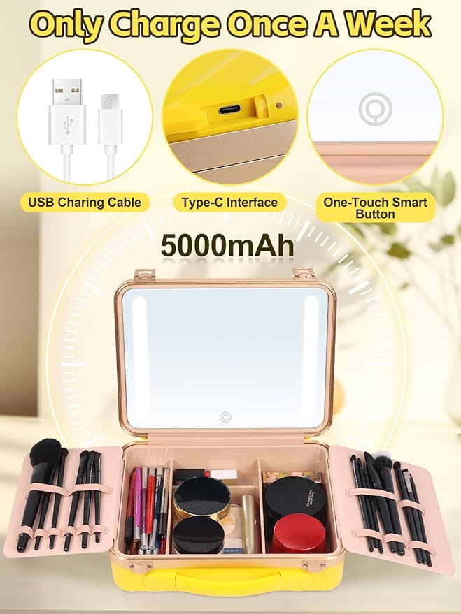 Kalolary Travel Makeup Train Cases with Lighted Mirror 3 Color Setting, Makeup Bag Cosmetic Case Organizer Adjustable Brightness Portable Makeup Storage Box with Detachable 5X Magnifying Mirror Yellow