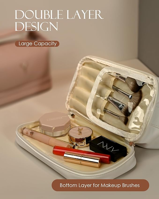 Gifts for Women, Personalized Makeup Bag Organizer with Handle, Initial Double Layer Cosmetic Bag with Makeup Brush Organizer, Cute Cosmetic Pouch for Women, Gifts for College Girls