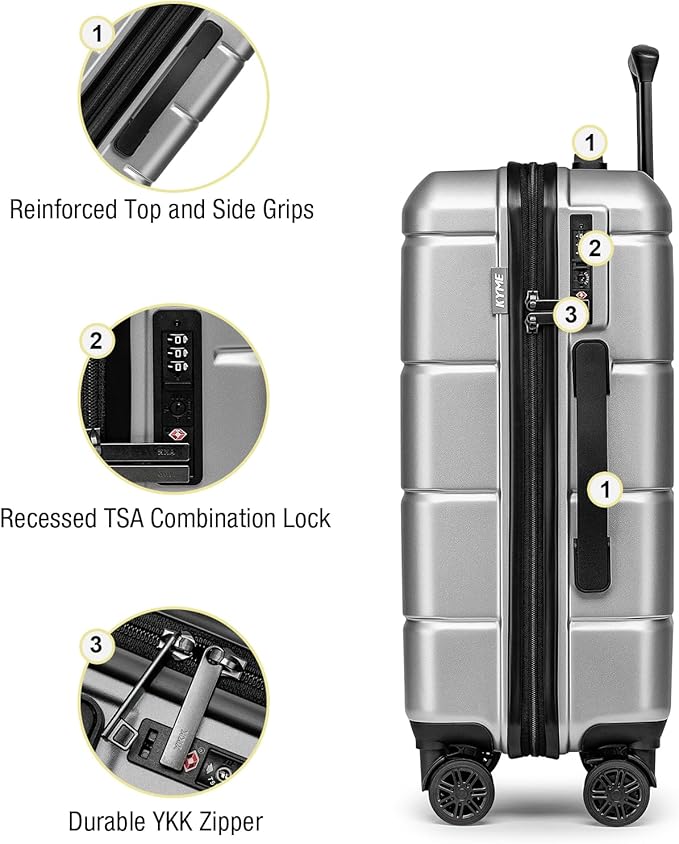 KYME Luggage Sets 2 Piece Hardshell 22"/26" Suitcase with Spinner Wheels Durable Suitcases Sets with TSA Lock Lightweight Travel Luggage Set for Women Men Silver Grey