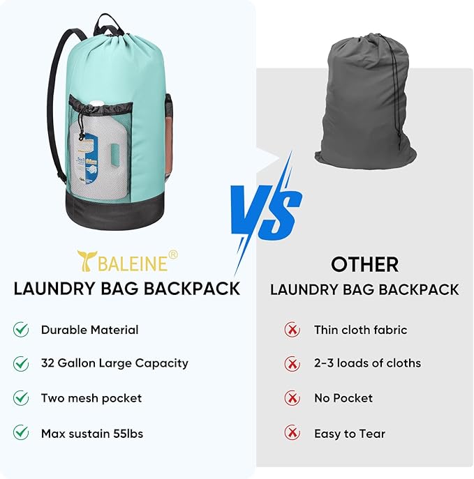 BALEINE 120L Laundry Bag Backpack, 900D Oxford Fabric Large Travel Laundry Bags with Shoulder Straps and 2 Mesh Pockets for College Dorm, Apartment, Laundromat (Sky Blue, 120L)