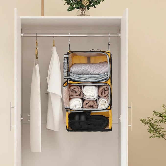 TABITORA Travel Portable Hanging Shelves Closet Organizer Packing Luggage Storage with Multifunctional and Foldable Invisible Compartment,Lightweight, for Suitcase, RV,Closet…Yellow,XL