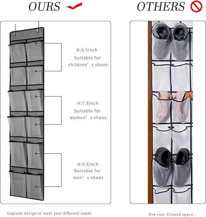 KEEPJOY Over The Door Shoe Organizer 2 Pack,Mesh Pockets Hanging Shoe Rack Over The Door,Shoe Storage Closet with 4 Hooks,Washable and Breathable Fabic,Large Size 57.5×12.6inch(Grey)