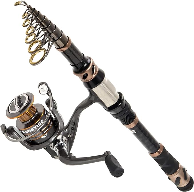 PLUSINNO Fishing Rod and Reel Combos - Carbon Fiber Telescopic Fishing Pole - Spinning Reel 12 +1 Shielded Bearings Stainless Steel BB