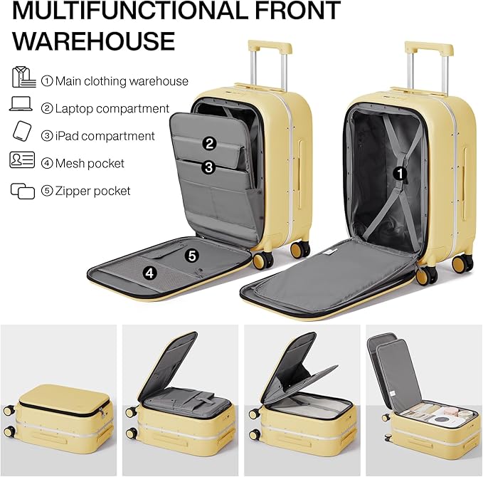 mixi Luggage Suitcase with Spinner Wheels, 24'' Checked Travel Luggage Aluminum Frame PC Hardside with TSA Lock & Cover - Lark Yellow