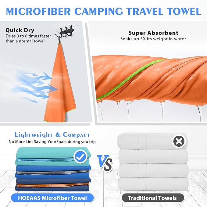 HOEAAS 2 Pack Microfiber Camping Towels, Quick Dry Towel, Super Absorbent Ultra Compact Travel Towel Soft Lightweight Sports Towel for Sweat Fast Drying Towels for Pool,Gym,Hiking,Backpacking,Fitness