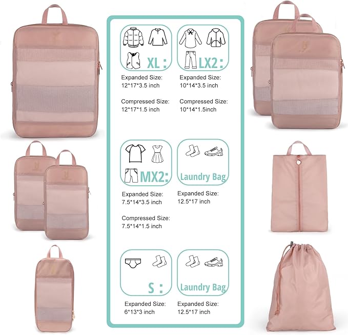 Expandable Compression Packing Cubes for Suitcases,6 Set Lightweight Compressible Travel Packing Organizer for Carry on Suitcase,Organizer Bags Set as Travel Essentials for Women