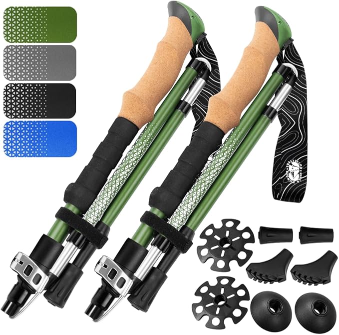Premium Foldable Hiking Poles by USA Brand - Adjustable, Lightweight Trekking Poles Made of Aircraft Aluminum, Metal Flip Locks & Comfortable Real Cork and EVA Foam Grips