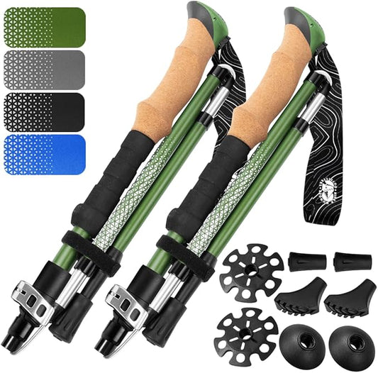 Premium Foldable Hiking Poles by USA Brand - Adjustable, Lightweight Trekking Poles Made of Aircraft Aluminum, Metal Flip Locks & Comfortable Real Cork and EVA Foam Grips