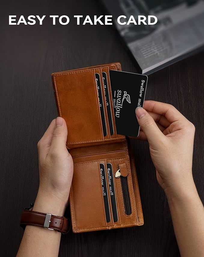 Swallowmall Mens Wallet Rfid Blocking Genuine Leather Bifold Wallets with 1 ID Window 15 Card Slots