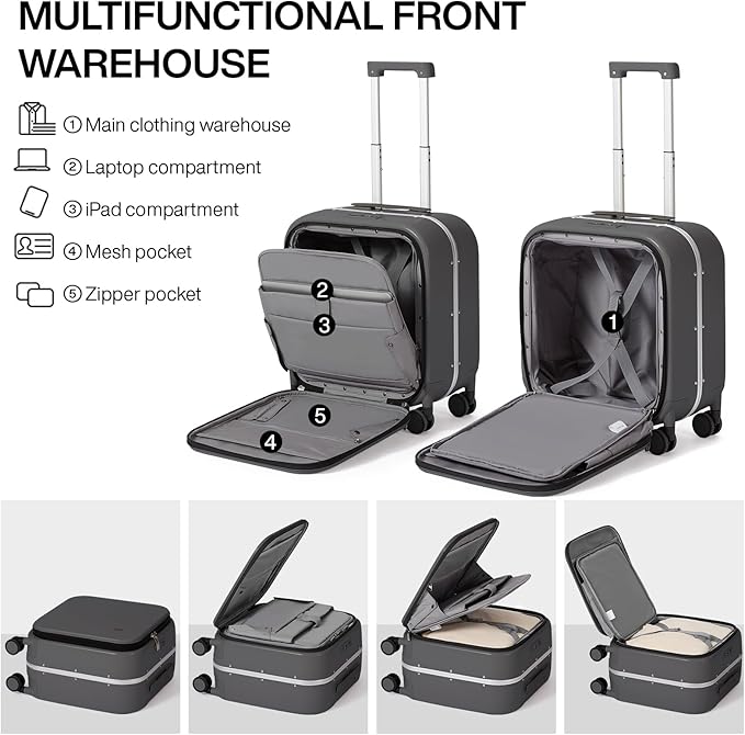 mixi Carry On Luggage, 18” Suitcase with Front Laptop Pocket, Travel Luggage Aluminum Frame PC Hardside with Spinner Wheels & TSA Lock and Cover (Not for Underseat), Rock Gray