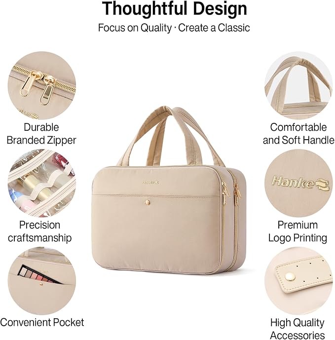 Hanke Hanging Travel Toiletry Bag for Women with Jewelry Organizer Compartment, Travel Essentials Toiletries and Makeup Bag, Water-Resistant & Stain-Resistant with Trolley Strap (Apricot)