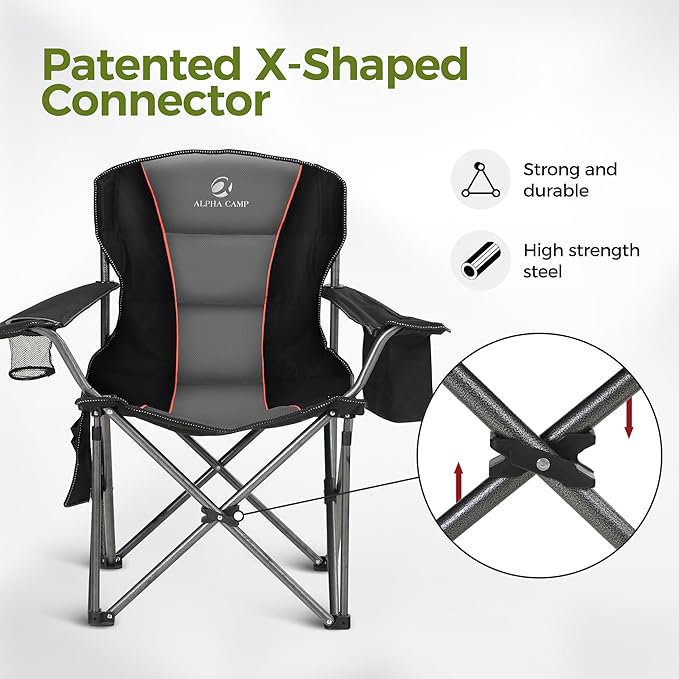 ALPHA CAMP Oversized Camping Folding Chair, Heavy Duty Support 450 LBS Steel Frame Collapsible Padded Arm Chair with Cup Holder Quad Lumbar Back, Portable for Outdoor