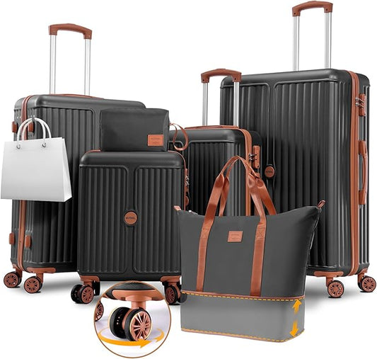 Hoteel 6 Piece Luggage Set with Spinner Wheels (4-YEAR WARRANTY), Carry on Luggage for Travel with TSA Lock, ABS+PC Hardshell Suitcase Set, 16"/20"/24"/28"+Duffel Bag+Cosmetic Bag(Black)