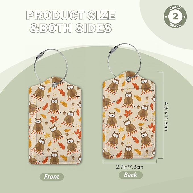 2 Pack Luggage Tags for Suitcase,Autumnal Leaves and Owl Bird Leather Luggage Tag Bag Tags Identifiers Privacy Cover Id Label with Steel Loop for Women Men Girls Boys Travel