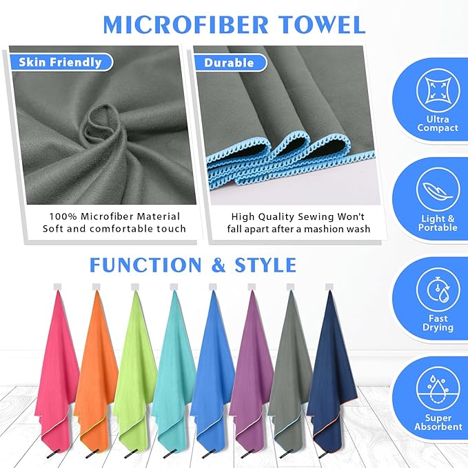 HOEAAS 2 Pack Microfiber Camping Towels, Quick Dry Towel, Super Absorbent Ultra Compact Travel Towel Soft Lightweight Sports Towel for Sweat Fast Drying Towels for Pool,Gym,Hiking,Backpacking,Fitness
