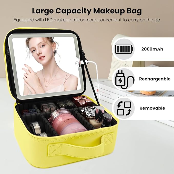 Travel Makeup Bag with LED Mirror and Light Travel Makeup Case Cosmetic Organizer Portable Cosmetic Brush Organizer Bag with Adjustable Dividers for Cosmetics Makeup Brushes Toiletry (Yellow)