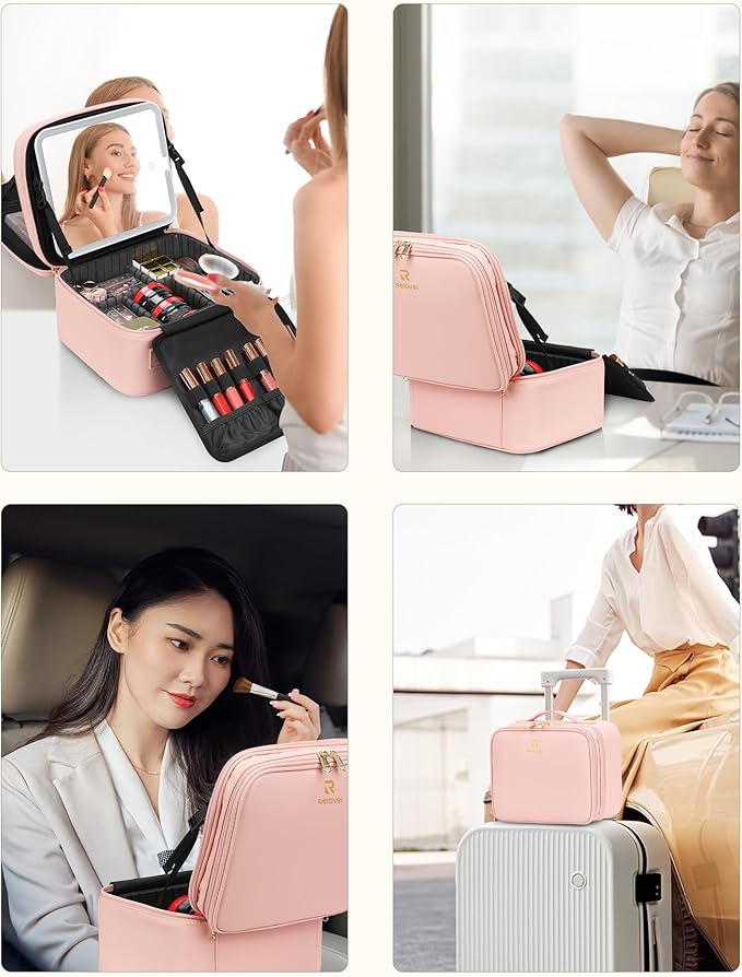 Travel Makeup Bag with LED Mirror Double Layer Makeup Case with Lighted Mirror Dual Layer Cosmetic Train Case Portable Artist Organizer Bag with Dividers and Rechargeable Vanity (Pink, Small)