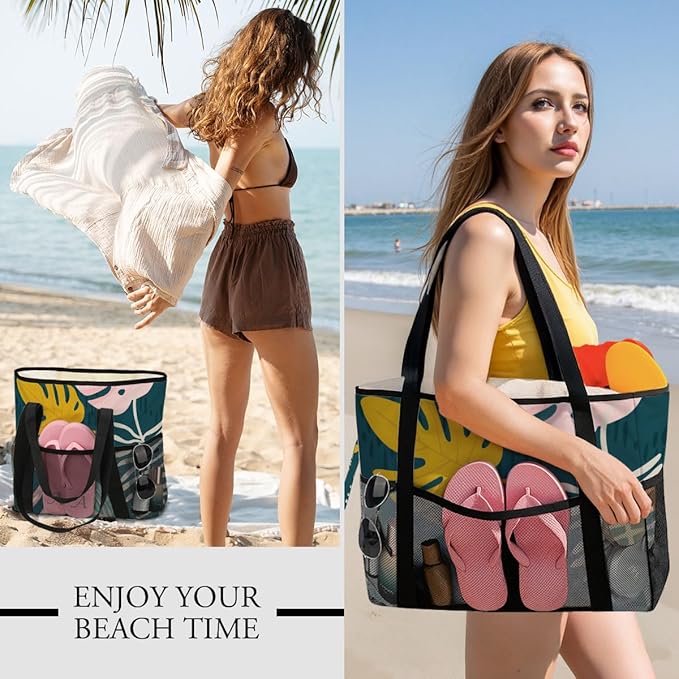 Sandproof Beach Bag with Zipper - 8-Pocket Waterproof Tote for Women & Family | Foldable Travel Swim Bag (Gift-Ready)