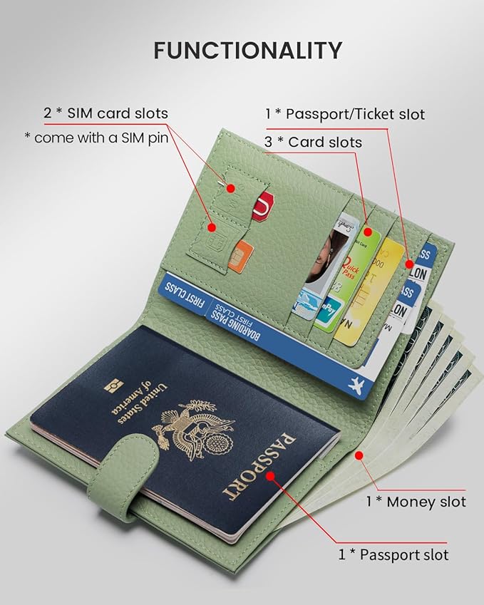 RFID Slim Passport Holder for Women, Compact Leather Passport Wallet with Card Holders SIM Slots,Zippered Coins Pocket and Cash Compartment Travel Passport Cover Case, Light Green